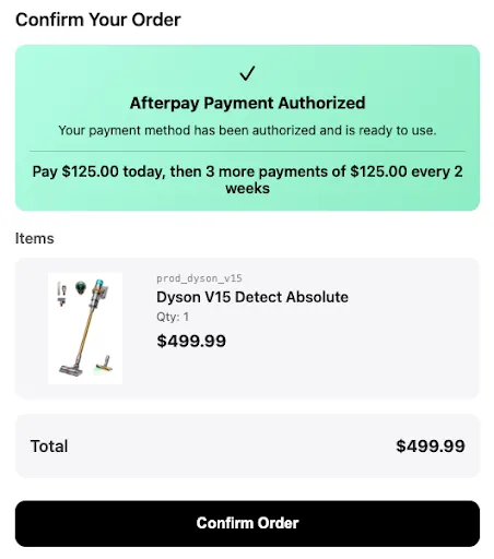 Afterpay payment authorized in UCP